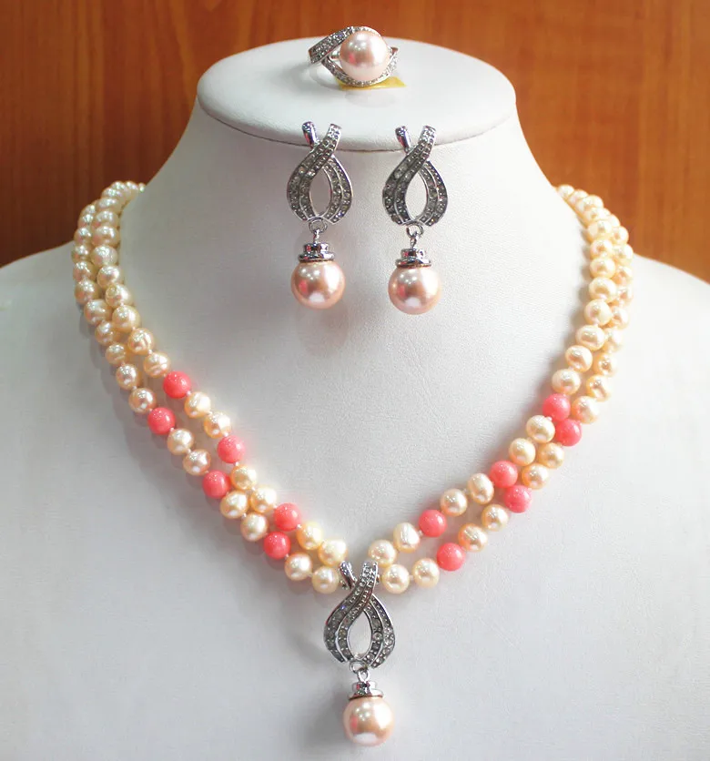 

free shipping>>> anniversary! Wholesale Women's 8mm 2 rows yellow and orange \ shell pearl Necklace earring ring(7/8/9) jewelry