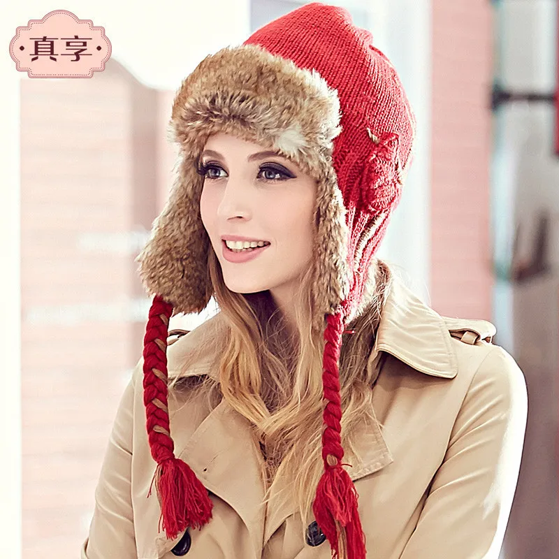 

Wool Knitted Lei Feng's Hat Women Winter Warm Windproof Cap Embroidery Front Cap Earmuffs Braid Red Hat B-4705