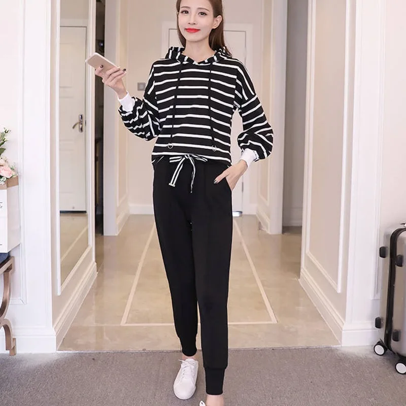 

Korean Spring Autumn Fashion 2 Pieces Set Women Striped Long Sleeve Hoodies Tops+Long Pants Women Casual Loose Sets