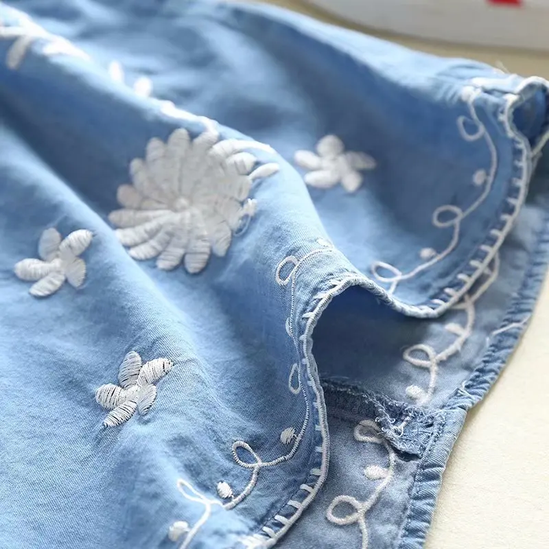 embroidery soft jeans dress women short sleeves casual knee length summer denim dresses cotton cute light blue o-neck fashion