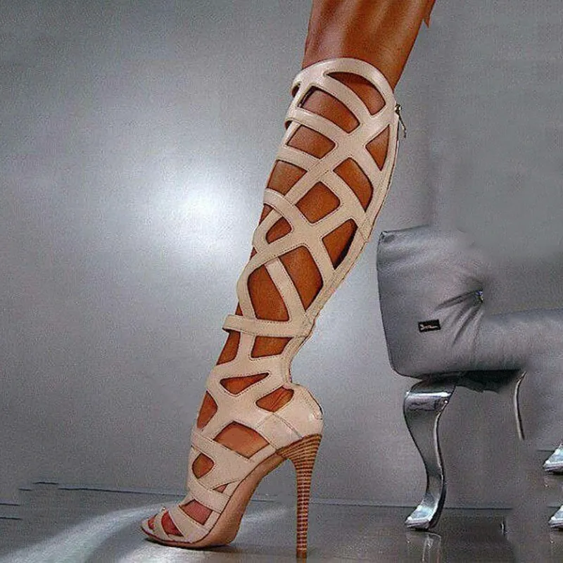 Модные сапоги до колена на высоком каблуке с открытым носком гладиаторские туфли для вечеринки с вырезами, женские пикантные летние модельные сандалии