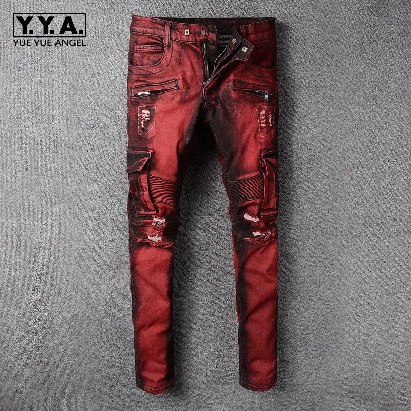 

New Mens Punk Retro Red Jeans Hole Ripped Denim Cargo Trousers Plus Size Slim Fit Motorcycle Jeans Pocket Long Pencil Pants