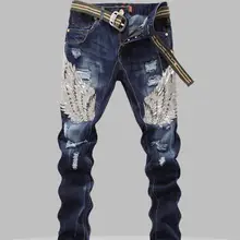 С блестками, мужские джинсы, мужские джинсы, крыльями орла в этническом китайском стиле с вышивкой и блестками отверстие узкие джинсы ребристые мужские джинсы Robin