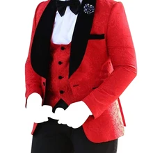 HCF по воздуху мужские 3 шт 1 кнопка черный шаль лацкан красный узор костюмы для свадьбы или формальной вечеринки с модным стилем мужские костюмы