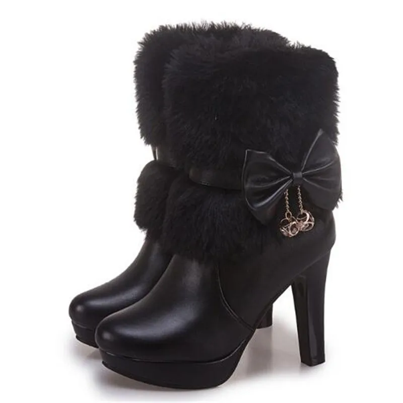 Women Boots Autumn and winter New style Sweet princess High-heeled Short boots Cashmere Keep warm Bow Women Boots size 34-43
