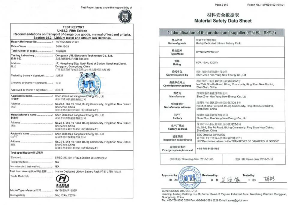 Battery certificate
