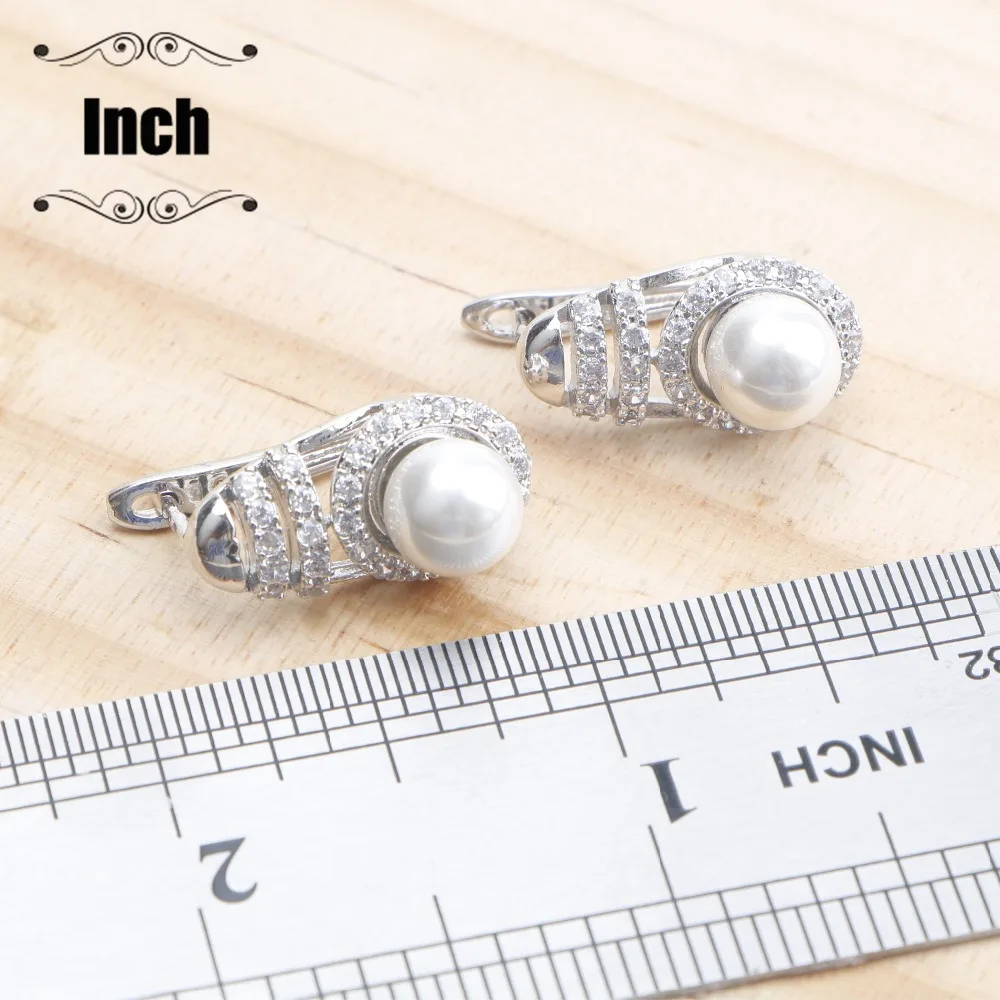 Cena Perłowa dla panny młodej srebro 925 zestawy biżuterii dla kobiet kolczyki kostium biżuteria ślubna perły biały cyrkon wisiorek obrączka naszyjnik zestaw