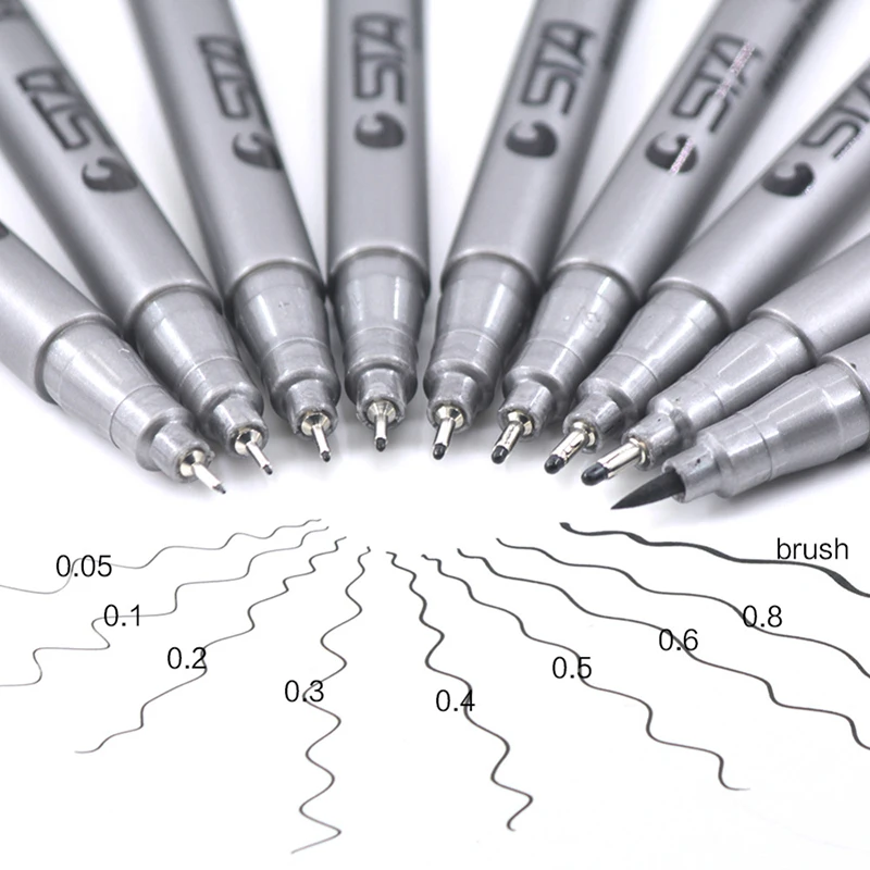

9Pcs Different Size Fineliner pen Set Liners for Painting Writing Black Water Based Pigma Micron Pen Neelde Soft Brush pen