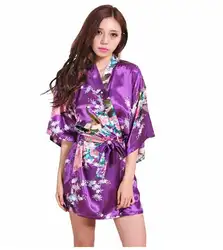 Марка фиолетовый женский с цветочным принтом кимоно платье Китайский Стиль Silk Satin Robe ночная рубашка цветок размеры S M L XL xxl