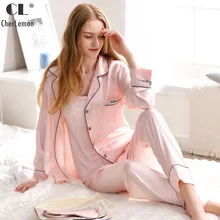 CherLemon/Весенняя Женская атласная пижама с длинными рукавами и пуговицами, сдельная пижама и ремень, Camisole Feminino, комплект из 3 предметов, ночное белье