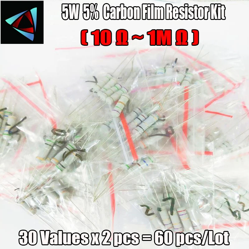 

5W 5% watt Metal Oxide Film Resistors 30 Values Assorted 10ohm- 1Mohm Kit 60pcs