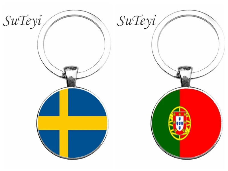 

SUTEYI Personality Car Accessories Car Key Ring Jewelry Portugal/Sweden Flag Keychain Glass Cabochon Pendant Key Chain