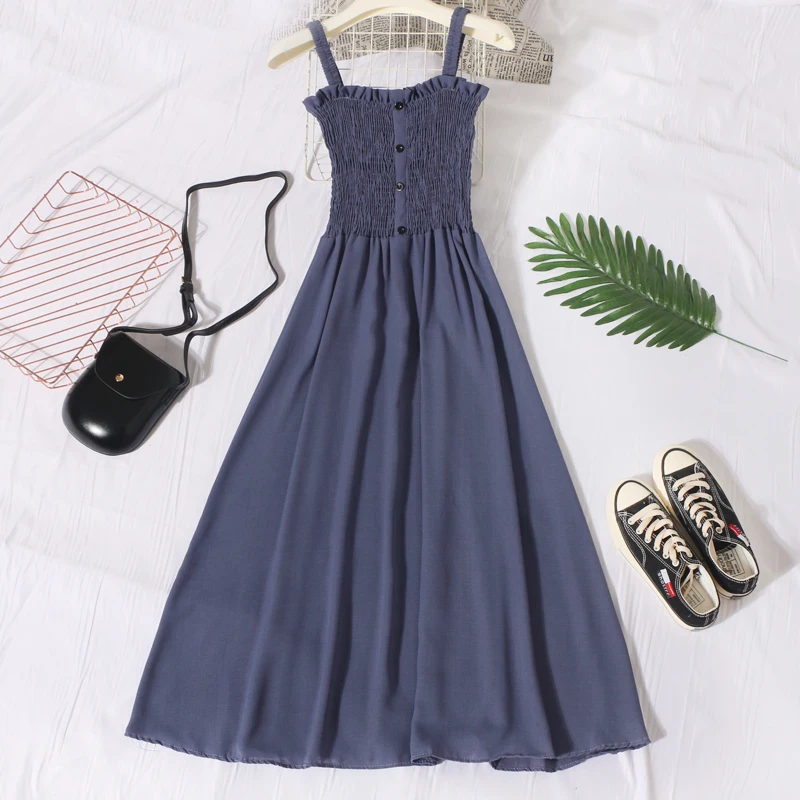 

SKOONHEID Women Beach Strap Long Dress Summer Solid Chiffon Sundress Sleeveless Elegant Party Summer Elastic Bohemian Midi Dress