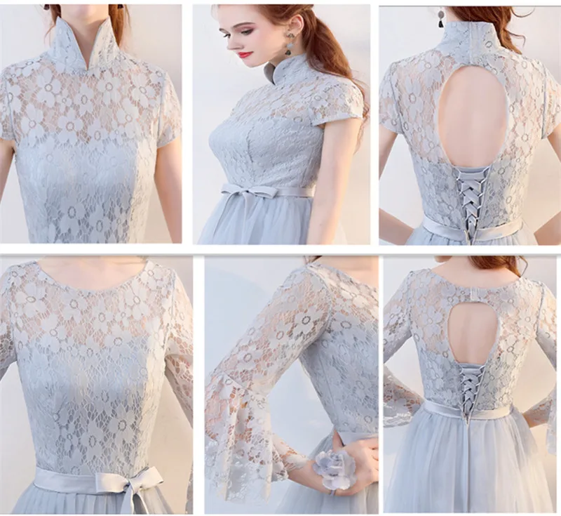 SJZL 70 # серое платье подружки невесты с длинным рукавом и круглым воротником на
