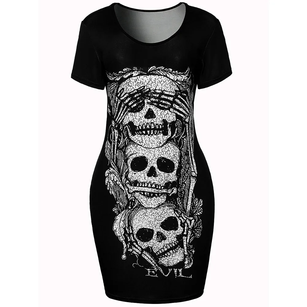 

Women Loose Short Sleeves Skull Printed Summer Dress Vintage Package Hip Dress sexy skull casual short-sleeved Mini dresses