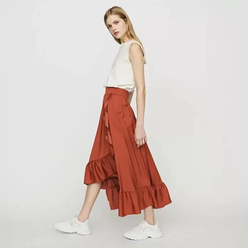 

2019 New Women Ruffle Irregular Midi Skirt