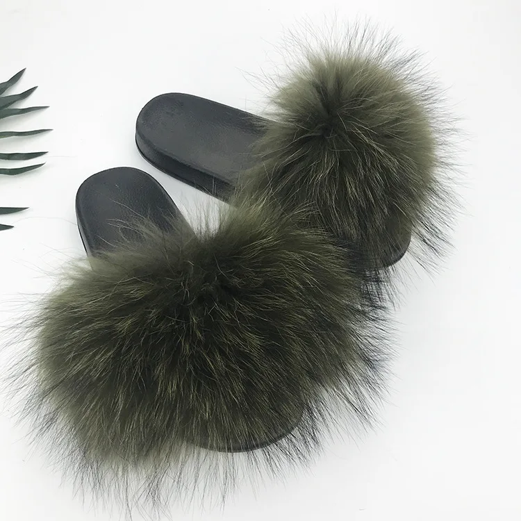 Real Raccoon Fur Slippers Women Sliders Casual Fox Hair Flat Fluffy Fashion Home Summer Big Size 45 Furry Flip Flops Shoes - Цвет: Army green