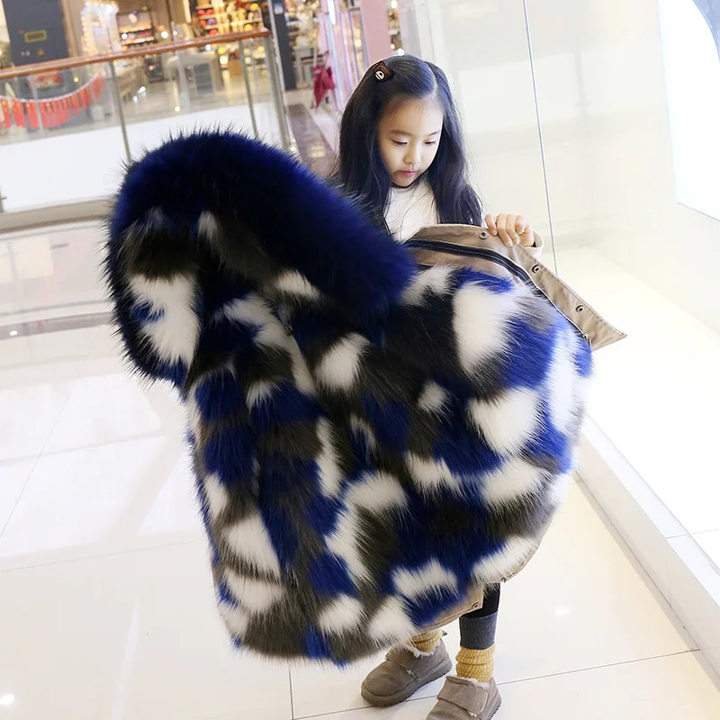 

Kids coat2019 new girl boy imitation fox fur liner detachable fur jacket in the long section
