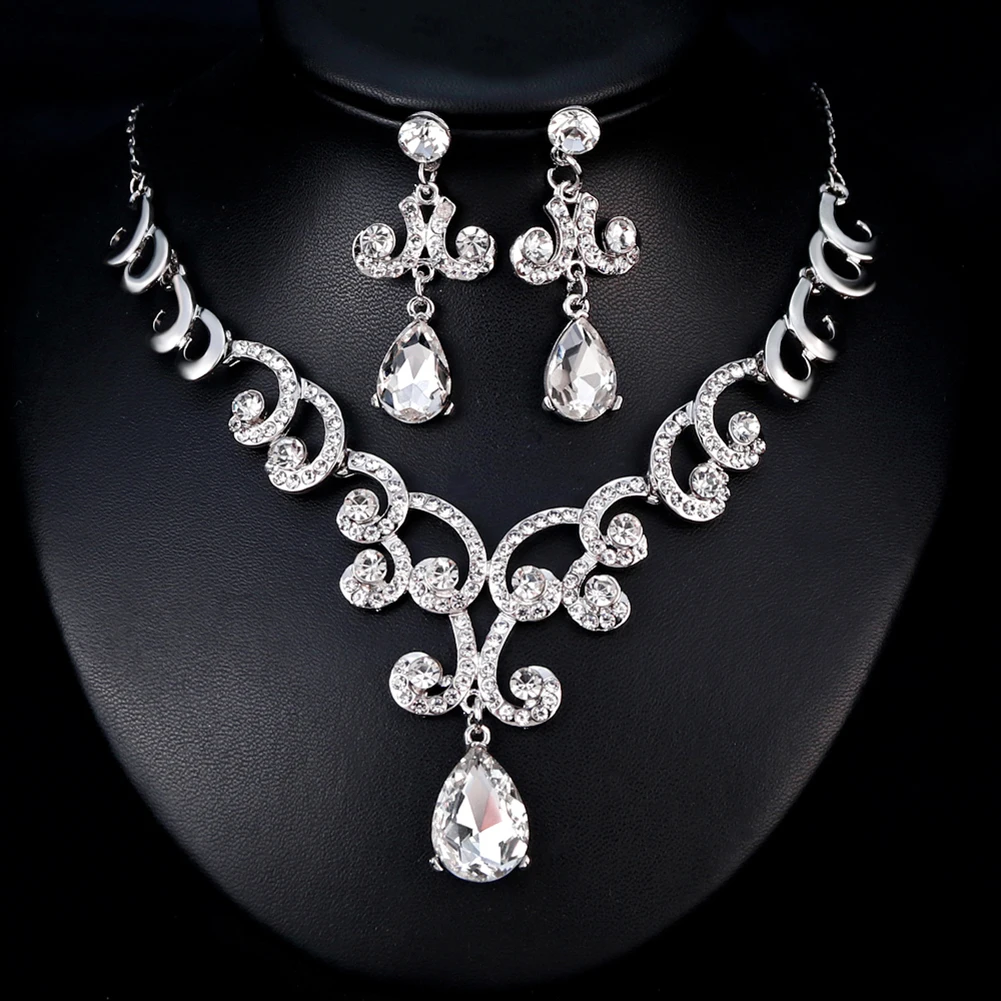 

Lady Fashion Rhinestone Pendant Earrings Necklace Luxury Bridal Jewelry Set