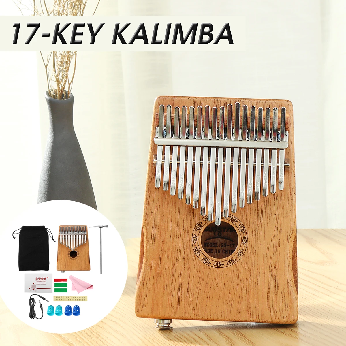 17 Key EQ Kalimba Thumb Piano w/Tuner Hammer African Traditional Electric Pickup Keyboard Body Musi