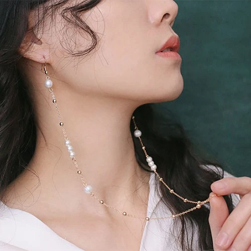 

High Quality Pearl Zinc Alloy Long Chain Piercing Dangle Earring For Women Temperament Gold Color Beaded Earrings