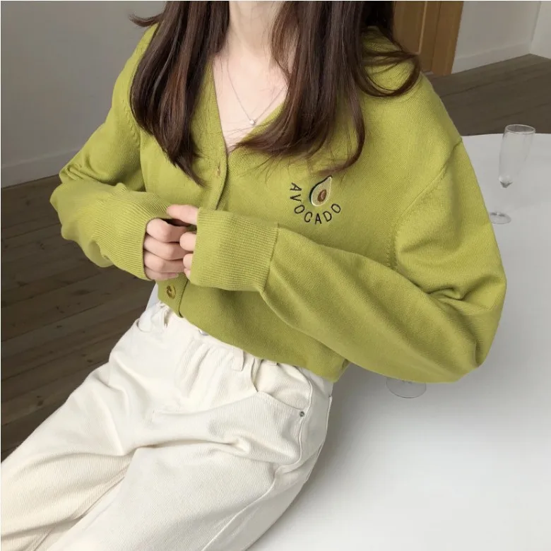 Корейский стиль женский свитер авокадо зеленый кардиган тонкий свободный v-образный вырез однобортный вязаный женский свитер
