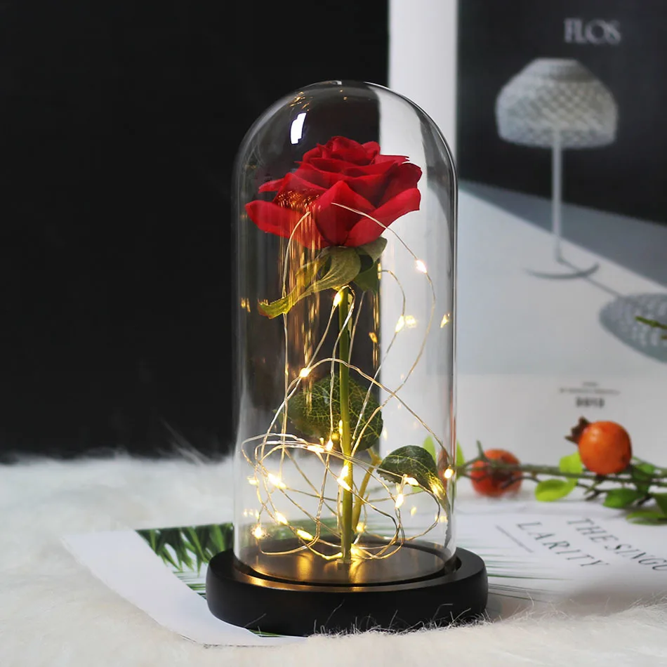 Romantic Gift Preserved Rose Beauty And The Beast Rose Rose In Glass Dome LED Light Forever Rose Red Rose Belle Preserved Rose