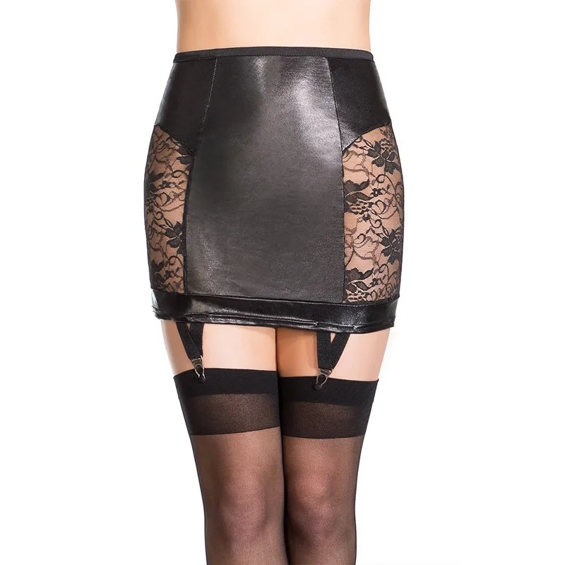 

New Faux Leather Mini Skirt High Quality Women Novelty Lace Floral Wet Look Lace-Up Nature Sexy Pencil Gothic Skirt W850475