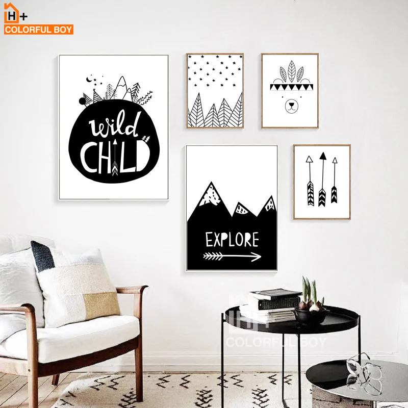 

COLORFULBOY Arrow Explore Child Wall Art Print Canvas Painting Nordic Poster Black White Cartoon Wall Pictures Kids Room Decor