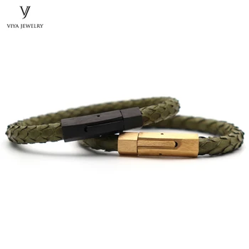 

Special Amy Green Python Leather Cords Bracelets For Unisex High Quality Stainless Steel Spring Clasp Python Couple Bracelets