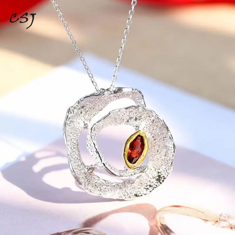 

CSJ New Original Design Garnet Pendant 925 Sterling Silver Necklace for Women Party Wedding Engagement Gift Vintage Fine Jewelry
