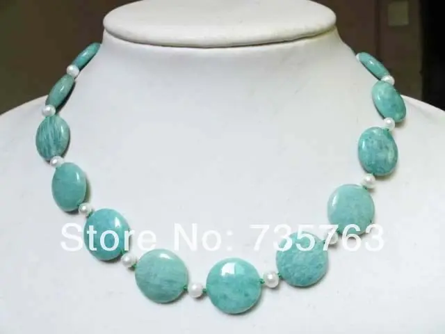 

xiuli 001335 amazonite necklace 18mm flat round beads mixed white pearl