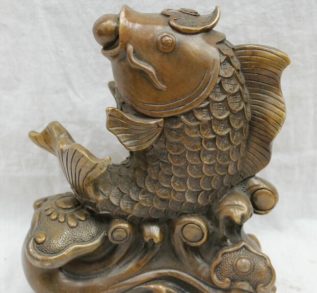 

JP S0114 9" Folk Chinese Bronze Copper Animals Wealth Coin Jump Fish On RuYi Statue B0403