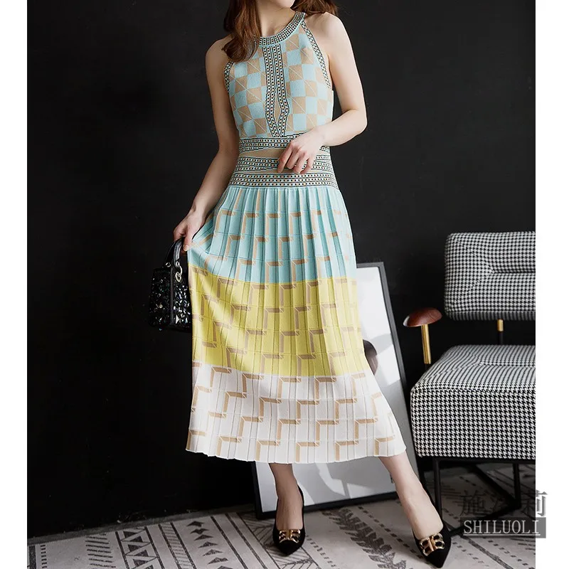 HAMALIEL Runway летнее вязаное длинное платье для женщин без рукавов с геометрическим принтом майка платье-свитер винтажное платье с круглым вырезом Vestidos