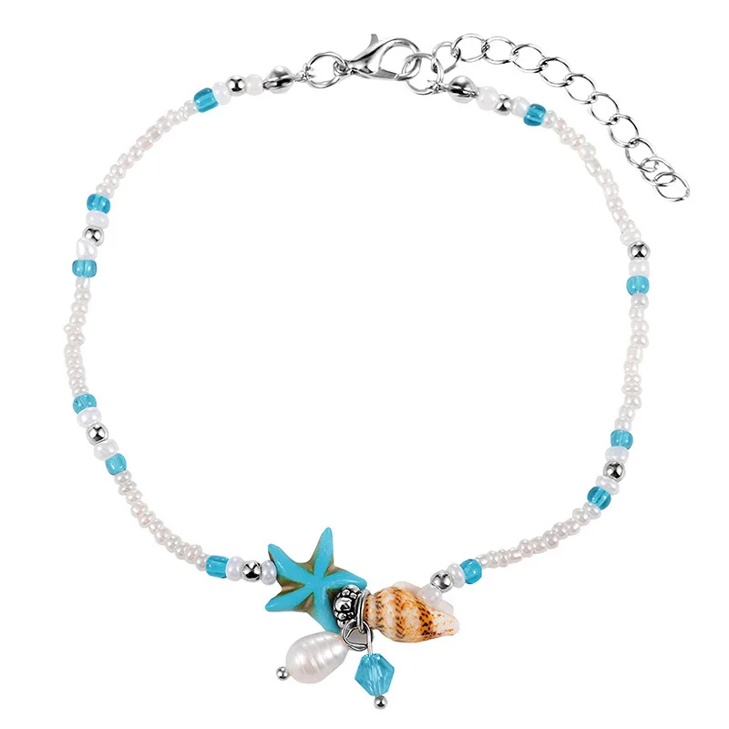 

Blue Starfish Stone Simulated Pearl Little Shell Charms Strand Chain Boho Style Anklets For Women