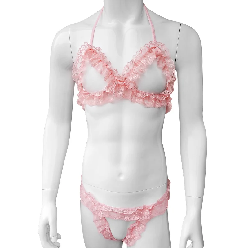 

Sissy Panties Gay Open Crotch Mens Lingerie Set Ruffled Frilly Lace Bikini Bra Top Set with Jockstraps Tanga Hombre Underwear