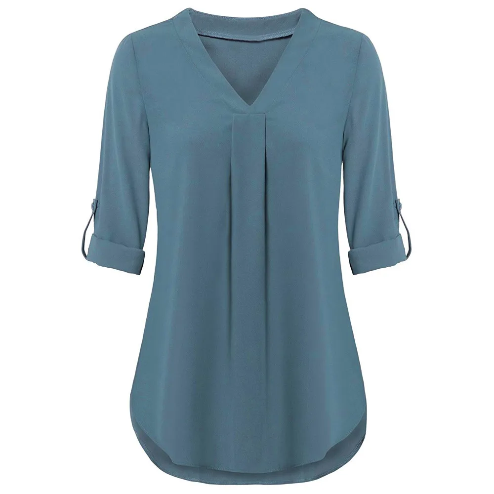 

2018 Autumn Fashion women Roll-Up V Neck Button Polyester blouse Casual female Long Sleeve Blouse elegant lady Loose Tops 1A07*