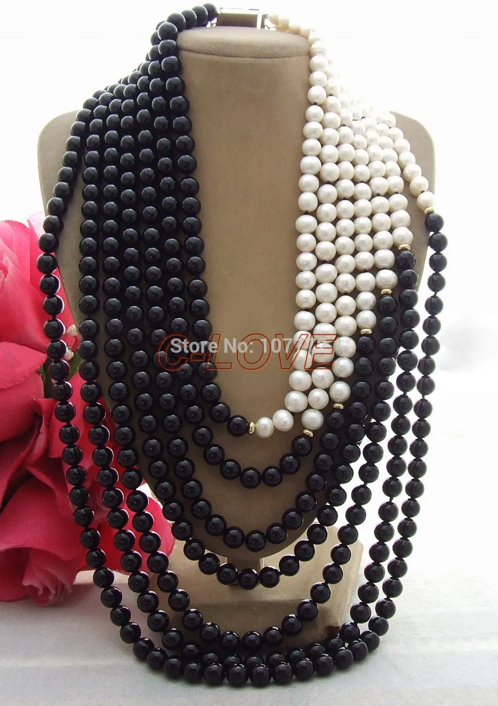 

Hand-Made Semi-Stone Charming! 7 strands Pearl&Onyx Necklace free shipment