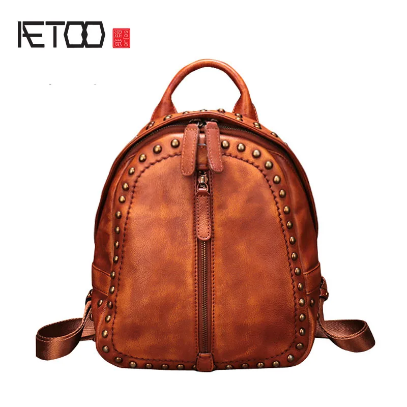 

AETOO New retro Joker first layer leather shoulder bag female fashion rivet leather backpack female bag
