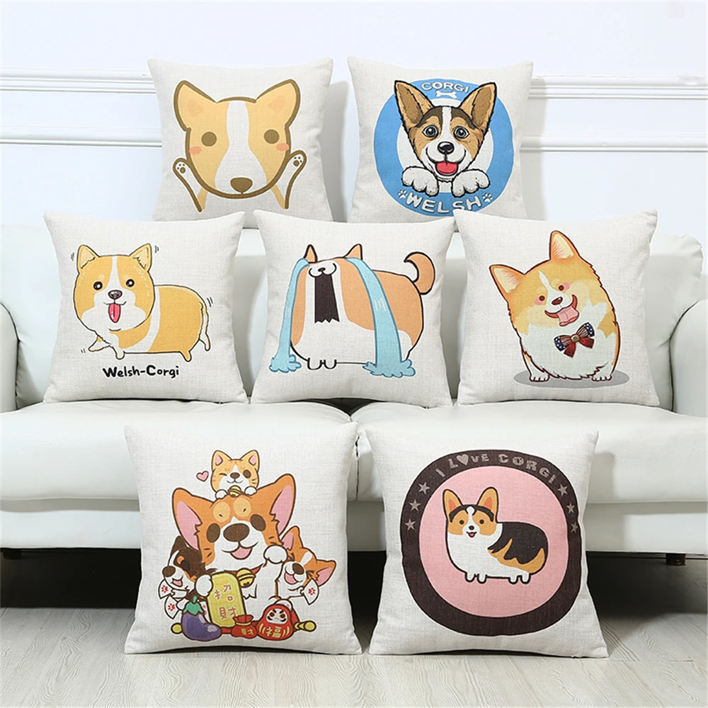 18inch Cartoon Dog Cotton Linen Pillow Case Sofa Waist Cushion Cover Home Decor 
