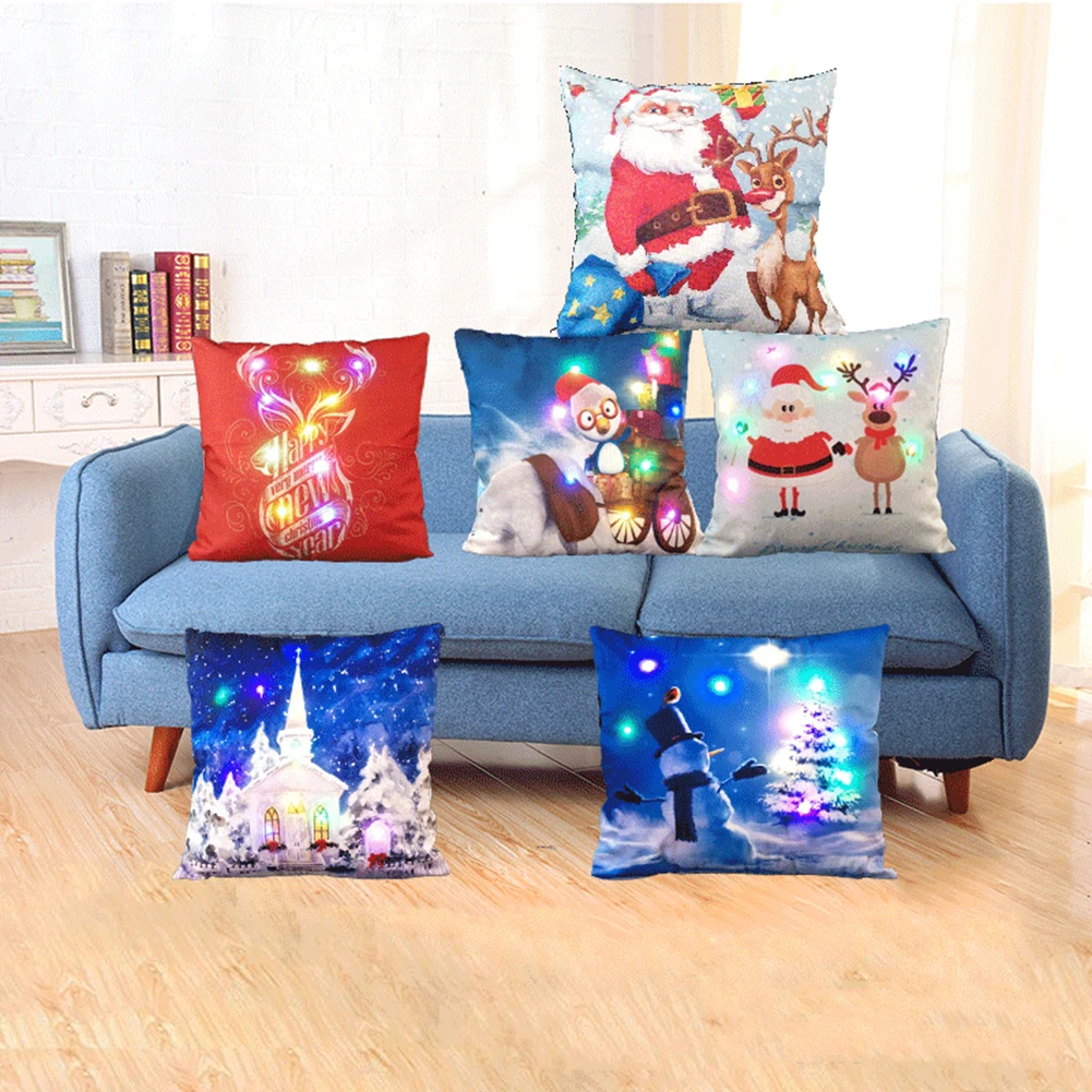 

LED Lights Christmas Xmas Linen Throw Pillow Case Home Gift