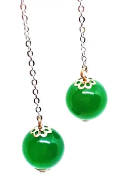 

925 Sterling Silver Gemstone Green Jade 10mm Round Beads Drop Earrings For Women Fine Jewelry Emerald