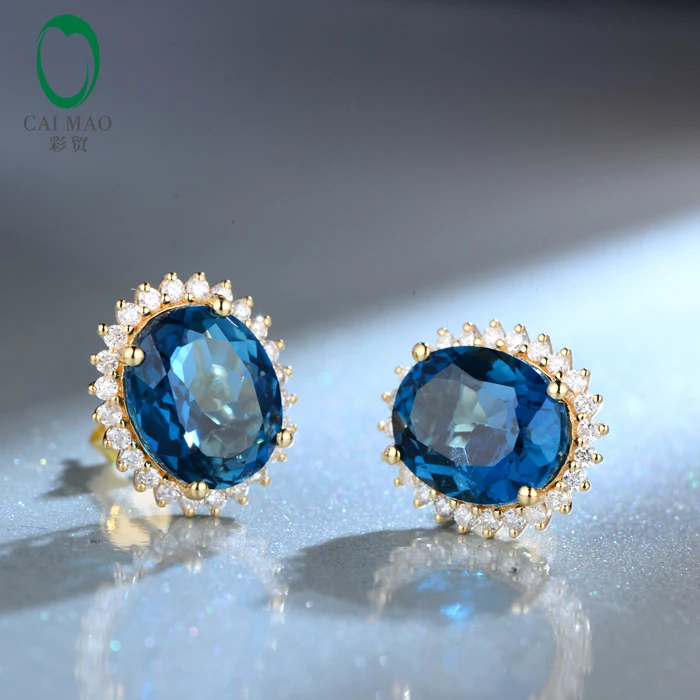 

9x11mm Oval Cut 9.20ct Blue Topaz 14kt Yellow Gold Natural Diamond Stud Earrings Free shipping