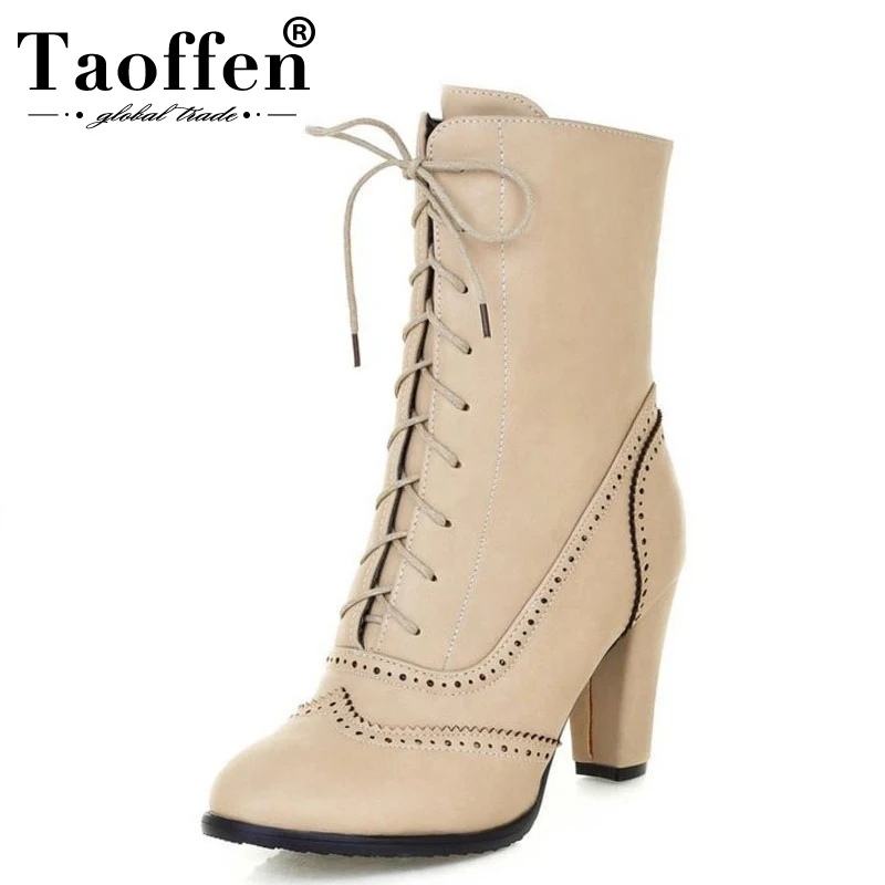 

TAOFFEN Large Size 33-43 British Style Platform Women Brogue Shoes Wpomen Fashion High Heel Lace Up Mid-Calf Boots Autumn Winter