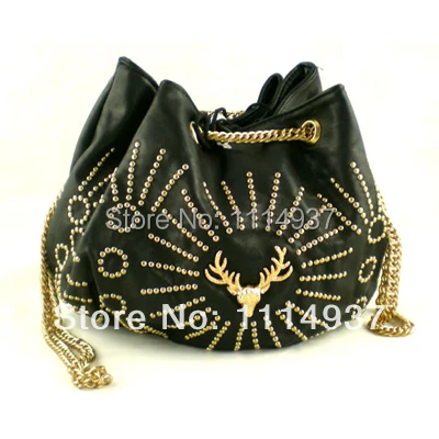 Free shipping Soft leather bucket bag one shoulder cross body drawstring rhinestone deer bag black punk