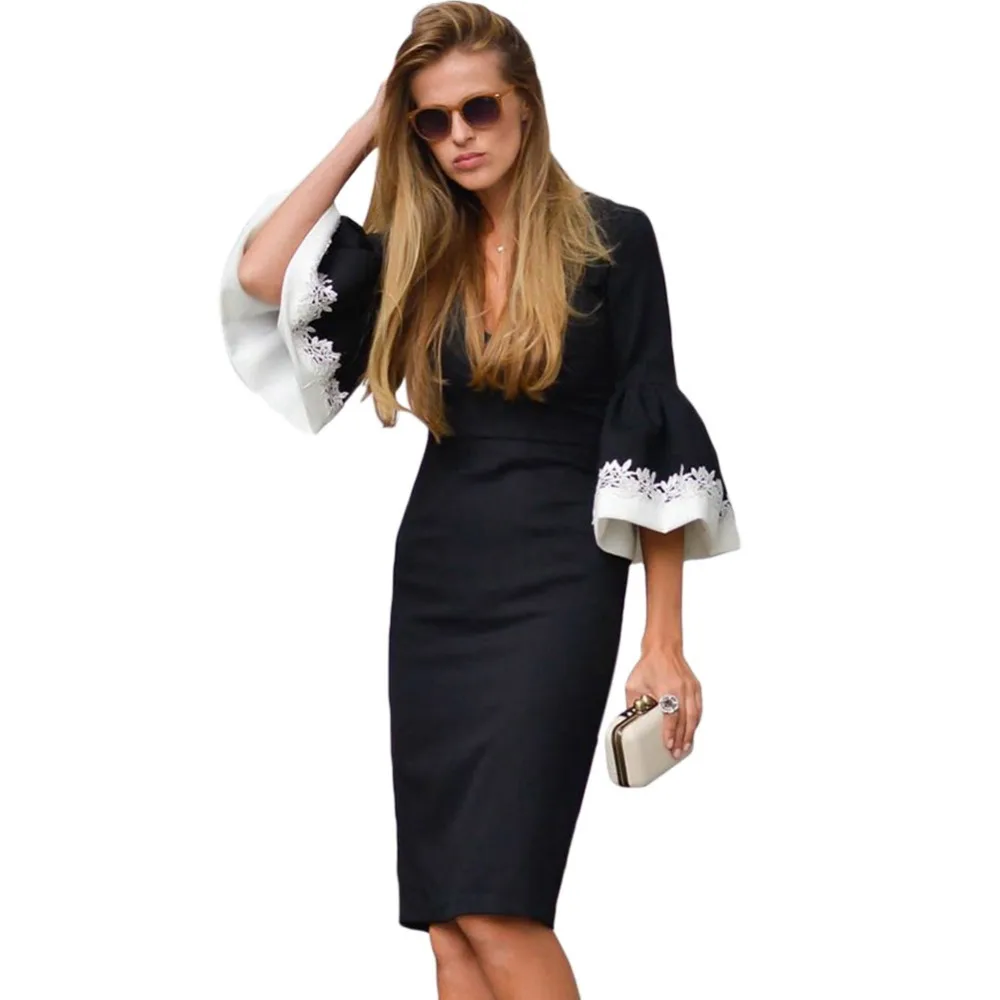 2018 черный белый цвет Bodycon рюшами рукав манжеты платье миди Для женщин офисная