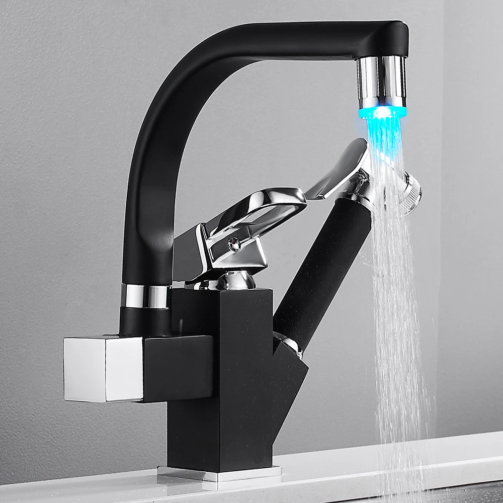 

Robot Kitchen Faucet Black Square Body Pull Out Spray Sink Swivel Taps Spout Mixer Faucet Mixer Tap Cold Hot Water taps