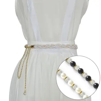 

Pearl Black Crystal Waist Belts for Women Wedding Dress Metal off White Gold Chain Belt cinturones para mujer ketting riem 2019