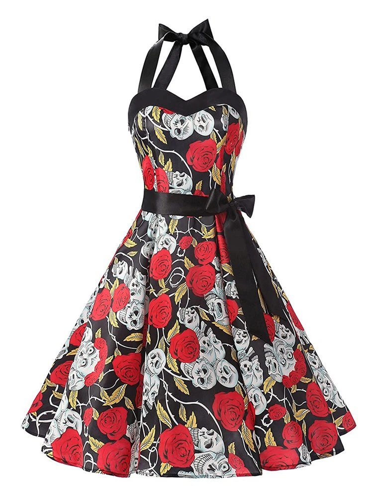 fe Frenesí Fuerza Vestido Vintage negro Halter azúcar calavera Halloween Pin Up vestido para  mujer|Vestidos| - AliExpress