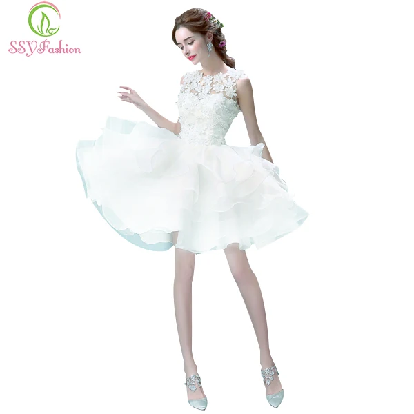 

SSYFashion White Lace Flower Bridesmaid Dress Sweet Princess Bride banquet Ball Gown Short Ball Gown Elegant Party Prom Dresses